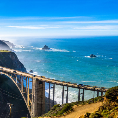 Aerial Bixby Bridge (Rocky Creek Bridge) and Pacific Coast Highway near Big Sur in California, USA America