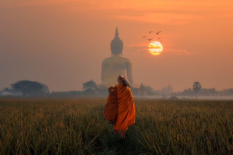 asia-monk-walking-dhutanga-behind-big-buddha
