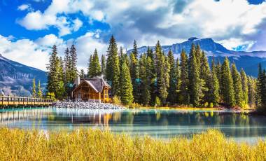 Bridge over Emerald Lake. Camping and coniferous forest. Yoho National Park, Canada