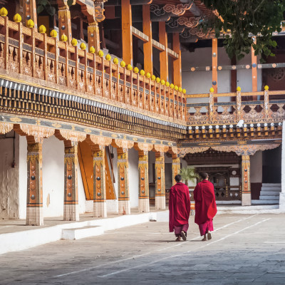 Two buddhist monks at Punakha Dzong, Bhutan, Asia