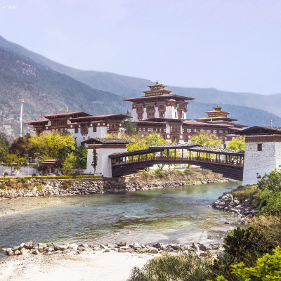 The Punakha Dzong Monastery and bridge across the river in Bhutan one of the largest monestary in Asia