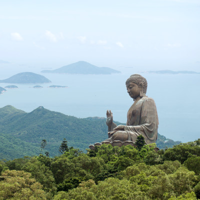 Hong Kong, Lantau Island Giant Buddha of Po Lin Monastery with blue sky, Asia