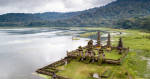 Aerial view of hindu temple ruins of Pura Hulun Danu at the Tamblingan lake, Bali, Indonesia, Asia