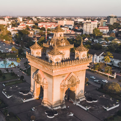 Patuxay, Vientiane Laos, Sunrise in the morning at at Patuxai. top view, aerial view, Asia