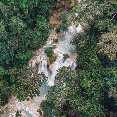 Aerial view of Tad Kuang Si waterfall, Lungprabang, Laos, Asia