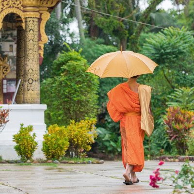 Monk with an umbrella on a city street, Louangphabang, Laos, Asia
