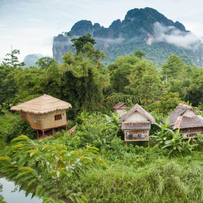 Village and mountain in Vang Vieng, Laos, Asia