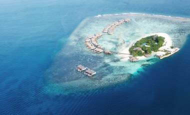 Group of atolls and islands in Maldives from aerial view, Asia
