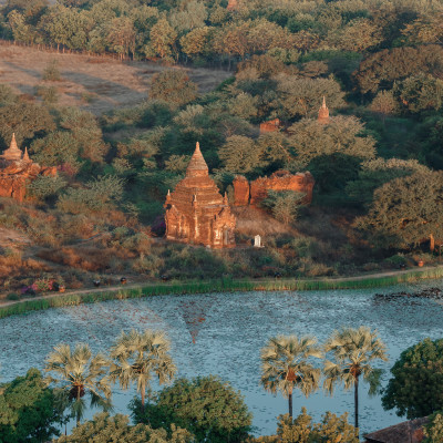 Ancient pagodas in Bagan with altitude balloon Myanmar, Asia