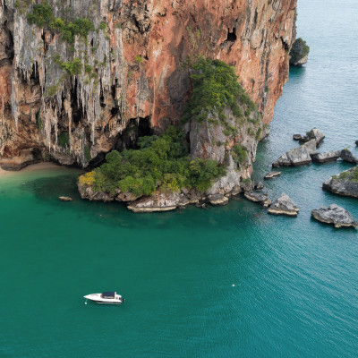 Aerial view of Phra Nang tropical beach and cave in Krabi province, Thailand