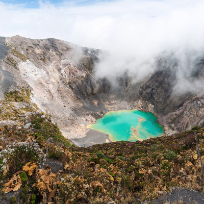 Panorama Volcano Irazu with emerald lake in the crater. Central America. Costa Rica