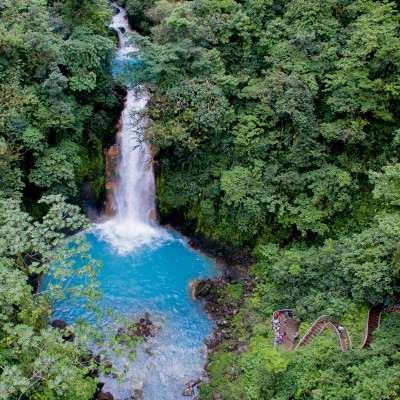Waterfall and natural pool with turquoise water of Rio Celeste, Costa Rica