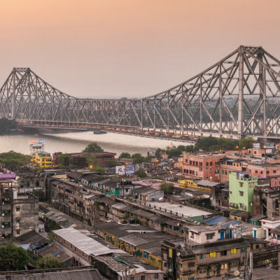 Beautiful panorama of Howrah bridge on the river, Kolkata, India