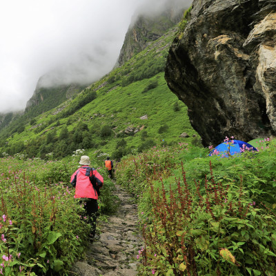 Young female climber walking down grassy rocky hill in green beautiful mountains in India
