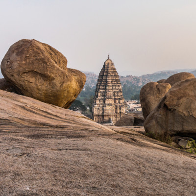 Virupaksha temple view from Hemakuta hill at sunset in Hampi, Karnataka, India