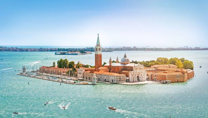 Enchanting Travels Italy Tours Panoramic aerial view at San Giorgio Maggiore island, Venice, Veneto, Italy