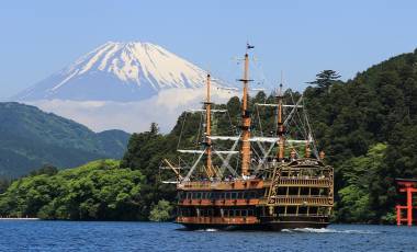 Enchanting Travels Japan Tours Hakone The Hakone Sightseeing Cruise (Hakone Pirate Ship) sails on the Ashinoko Lake with Mt. Fuji