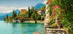 Famous luxury villa Monastero, stunning botanical garden decorated with mediterranean oleander flowers, lake Como,