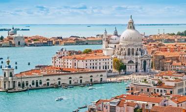 Panoramic aerial cityscape of Venice with Santa Maria della Salute church, Veneto, Italy