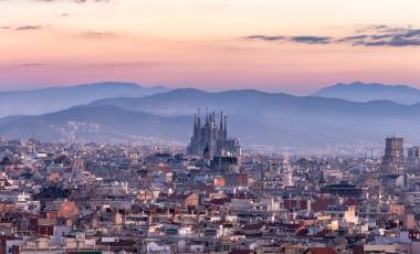 Sagrada familia and panorama view of barcelona city at dusk ,Spain