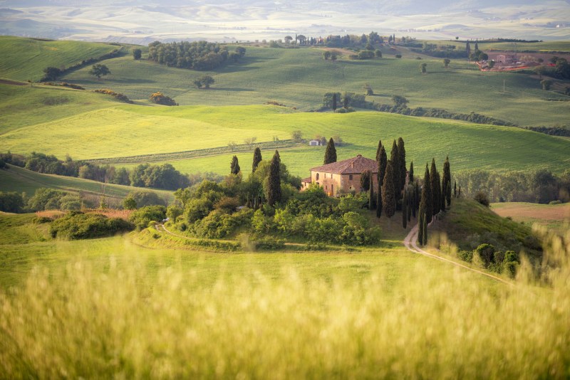 Tuscany-rural-landscape-Countryside-farm-cypresses-trees-green-field-Italy-Europe