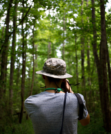 Photo-from-the-back-of-hipster-nomad-adventurer-exploring-exotic-forest-in-national-park-wears-a-panama-hat-and-makes-photos-of-inspirational-nature